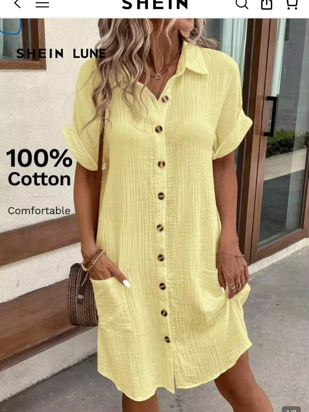 SHEIN Yellow Button-Front Cotton Shirt Dress